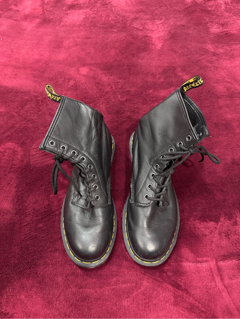 Dr. Martens Black Leather 8-Eye Lace-Up Boots with Yellow Stitching